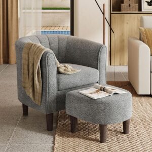 LINSY Accent Chair Ottoman Set: Chenille Barrel Chair with Foot Rest, Mid-Century Modern Small Reading Chair Upholstered Armchair with Footrest for Living Room Bedroom Study...
