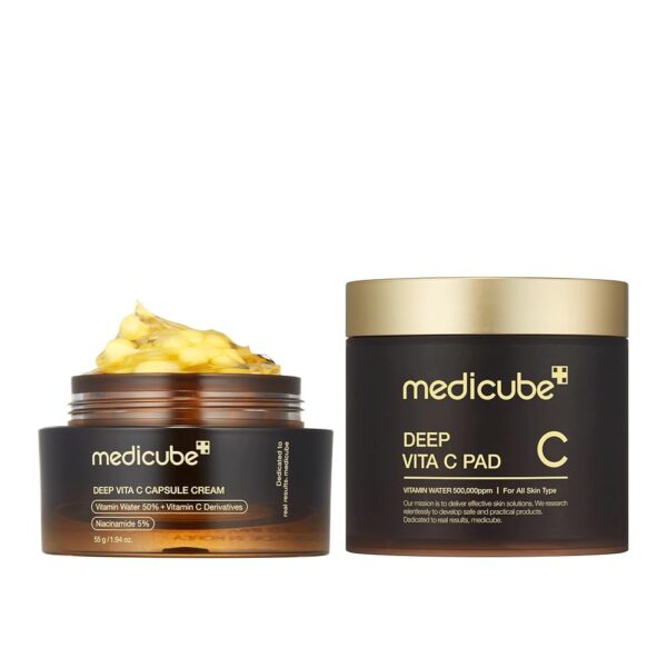 Medicube Glass Skin Duo for uneven skin: Deep Vita C Facial Pads and Deep Vitamin C Golden Capsule Face Moisturizer