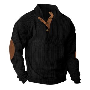 Men Sweatshirt 1/4 Button Stand Collar Corduroy Knit Pullover Sweater Casual Long Sleeve Crewneck Oversized Shirt Top