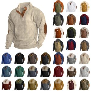Mens Cotton Pullover Long Sleeve Outdoor Shirts Vintage Corduroy Button Stand Collar Shirt Casual Sweatshirt Sweater