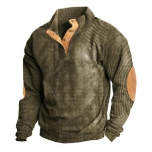 Mens Cotton Pullover Long Sleeve Outdoor Shirts Vintage Corduroy Button Stand Collar Shirt Casual Sweatshirt Sweater