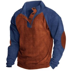 Mens Cotton Pullover Long Sleeve Outdoor Shirts Vintage Corduroy Button Stand Collar Shirt Casual Sweatshirt Sweater
