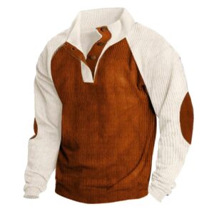 Mens Cotton Pullover Long Sleeve Outdoor Shirts Vintage Corduroy Button Stand Collar Shirt Casual Sweatshirt Sweater