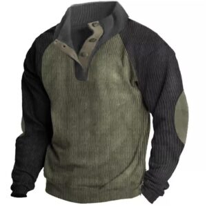Mens Cotton Pullover Long Sleeve Outdoor Shirts Vintage Corduroy Button Stand Collar Shirt Casual Sweatshirt Sweater