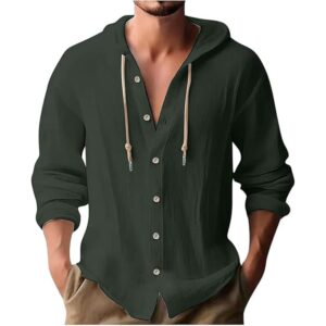 Mens Dress Shirts Long Sleeve,Linen Shirts with Hooded Lightweight Hoodies Button Up Tops Beach Hawaiian Casual T-Shirts