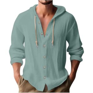 Mens Dress Shirts Long Sleeve,Linen Shirts with Hooded Lightweight Hoodies Button Up Tops Beach Hawaiian Casual T-Shirts