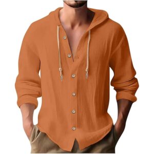 Mens Dress Shirts Long Sleeve,Linen Shirts with Hooded Lightweight Hoodies Button Up Tops Beach Hawaiian Casual T-Shirts