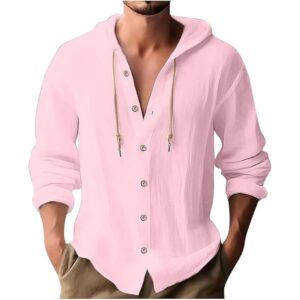 Mens Dress Shirts Long Sleeve,Linen Shirts with Hooded Lightweight Hoodies Button Up Tops Beach Hawaiian Casual T-Shirts