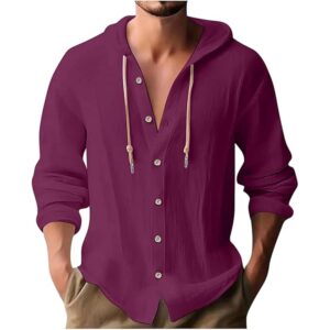 Mens Dress Shirts Long Sleeve,Linen Shirts with Hooded Lightweight Hoodies Button Up Tops Beach Hawaiian Casual T-Shirts