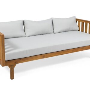 Merax Outdoor 3 Seater Daybed, Acacia Wood Day Bed Couch Sofa with Cushions for Patio Backyard, Garden, Light Grey