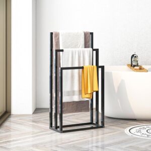 Metal Free Standing Towel Rack 3 Tiers Hand Towel Holder Organizer Towel Stand for Bathroom, Floor Towel Rack Outdoor Standing Towel Drying Rack for Poolside Black