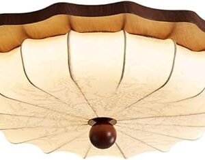 Mid Century Walnut Wood Color Vintage Cloth Art Ceiling Lamps LED Three-color Dimmable Close to Ceiling Lights Simple Wabi-sabi Style Round Ceiling Light for Study Room Living...