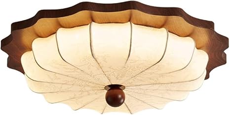 Mid Century Walnut Wood Color Vintage Cloth Art Ceiling Lamps LED Three-color Dimmable Close to Ceiling Lights Simple Wabi-sabi Style Round Ceiling Light for Study Room Living...