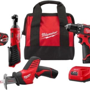 Milwaukee 2498-25 M12 12V Cordless 5-Tool Combo Kit: 2407-20 3/8 in.Drill/Driver + 2462-20 1/4 in. Hex Impact Driver+2420-20 Hackzall Recip Saw+2457-20 3/8 in.Ratchet+49-24-0146...