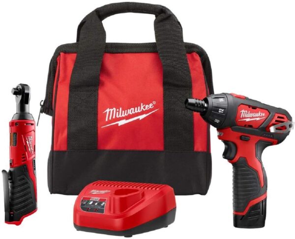 Milwaukee M12 12-Volt Lithium-Ion Cordless 3/8 in. Ratchet and Screwdriver Combo Kit (2-Tool) with Battery, Charger, Tool Bag