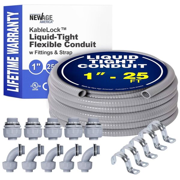 New Age AmericaÂ® 1" - 25FT KableLockâ„¢ Liquid-Tight Flexible Conduit | Electrical Conduit | Non Metallic | 5pc Straight + 5pc Angle Fittings + 5pc Pipe Support Straps |...