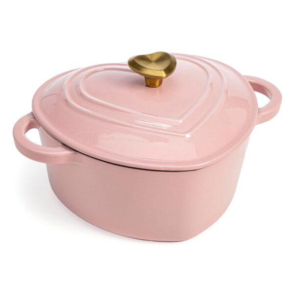 Paris Hilton Enameled Cast Iron Dutch Oven Heart-Shaped Pot with Lid, Dual Handles, Works on All Stovetops, Oven Safe to 500°F, 2-Quart, Pink