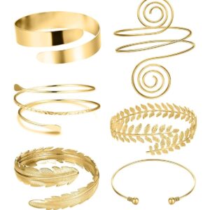 RIOSO 6 Pieces Arm Cuff Upper Arm Band Cuff Bracelet Bangle for Women Silver Gold Adjustable Armband Set