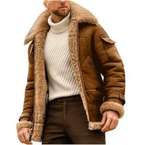 Sherpa Lined Leather Jacket Men Suede Sherpa Shearling Faux Fur Coat Fall Winter Cargo Coats Bomber Jackets Outwear