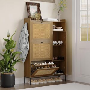 Shoe Cabinet, Natural Rattan Freestanding Shoe Organizer with 3 Flip-out Drawers and 4 Open Shelves Side Cabinet, Slim Wood Shoe Rack with Metal Legs for Entryway, Hallway,...