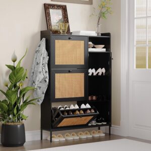 Shoe Cabinet, Shoe Storage Cabinet with 3 Flip-Out Drawers and 4 Open Shelves Side Cabinet, Slim Wood Shoe Rack with Metal Legs for Entryway, Natural Rattan Freestanding Shoe...