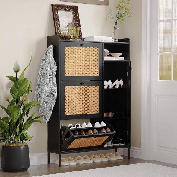 Shoe Cabinet, Shoe Storage Cabinet with 3 Flip-Out Drawers and 4 Open Shelves Side Cabinet, Slim Wood Shoe Rack with Metal Legs for Entryway, Natural Rattan Freestanding Shoe...