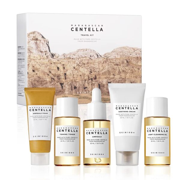 SKIN1004 Madagascar Centella Travel Kit, Toner, Ampoule, Soothing Cream, Cleansing Oil, Ampoule Foam, Basic Skincare Box, Compact Size, Gift Sets, Mothers Day Gifts for Mom...