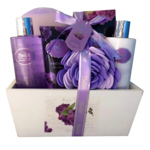 Spa Gift Basket with Lavender Fragrance and Lilac Color - Bath and Body Set Includes Shower Gel, Body Lotion, Hand Lotion, Bath Salt, Flower Sponge and EVA Sponge