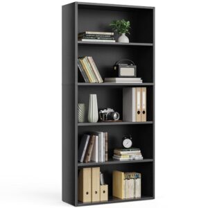 Sweetcrispy Industrial 5 Shelf Bookcase - Large 53 Inch Tall Floor Standing Open Bookshelf for Home Office, Living Room, and Bedroom Storage, Classic Black