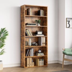 Sweetcrispy Industrial 6 Tiers Bookcase - Large 63 Inch Tall Floor Standing Open Bookshelf for Home Office, Living Room, and Bedroom Storage, Rust