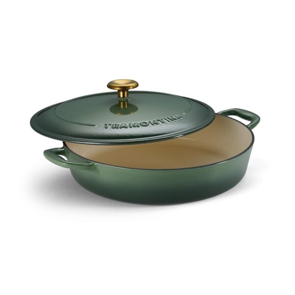 Tramontina Enameled Cast Iron Braiser Pan with Lid, 4-quart, Cactus with Gold Knob