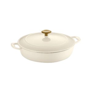 Tramontina Enameled Cast Iron Braiser Pan with Lid, 4-quart, Latte with Gold Knob