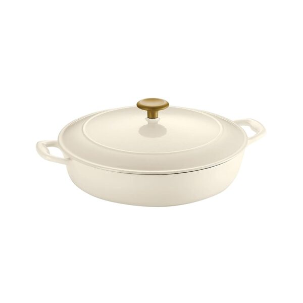 Tramontina Enameled Cast Iron Braiser Pan with Lid, 4-quart, Latte with Gold Knob