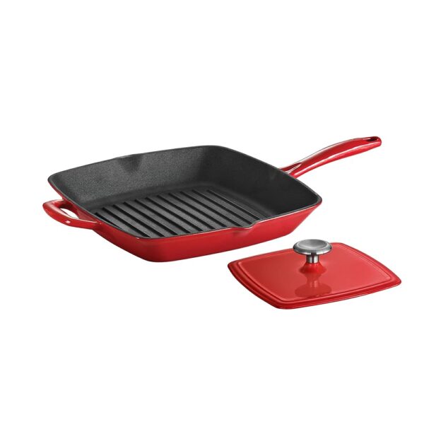 Tramontina Enameled Cast Iron Grill Pan with Press, 11-inch, Red