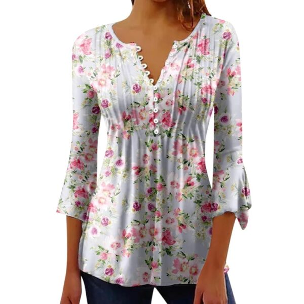 Women 3/4 Sleeve Tops 2025 Boho Floral Print V Neck Shirts Buttons Ruffle Trendy Blouses Spring/Summer Essential