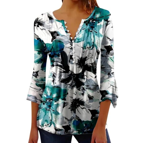 Women 3/4 Sleeve Tops 2025 Boho Floral Print V Neck Shirts Buttons Ruffle Trendy Blouses Spring/Summer Essential