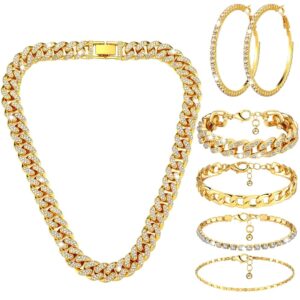 Yinkin 6 Pcs Link Chain jewelry sets for Woman with Rhinestone Necklace Bracelet Earrings Bling Diamond chunky Chain Jewelry