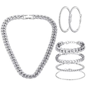 Yinkin 6 Pcs Link Chain jewelry sets for Woman with Rhinestone Necklace Bracelet Earrings Bling Diamond chunky Chain Jewelry