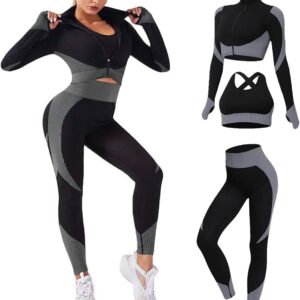 3pcs Seamless Outfit Workout Sets Gym for Women, Fitness Sports School Running Clothes Yoga Sportswear