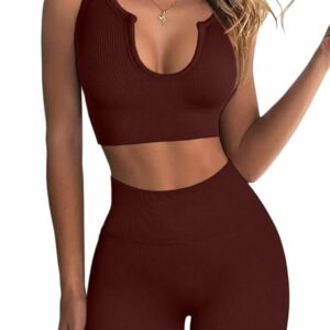 QINSEN Workout Outfits for Women 2 Piece Ribbed Seamless Crop Tank High Waist Yoga Leggings Sets