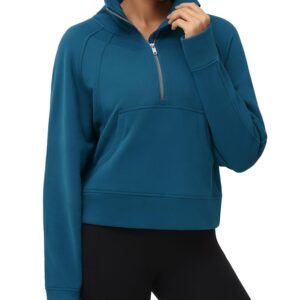 THE GYM PEOPLE Womens' Half Zip Pullover Fleece Stand Collar Crop Sweatshirt with Pockets Thumb Hole