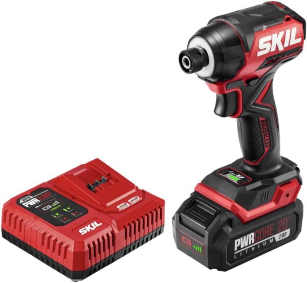 Skil PWR CORE 20 Brushless 20V 1/4" Hex Compact Impact Driver Kit with 3-Speed & Halo Light & One-Handed Collet Including 2.0Ah Battery and Charger- ID6739B-10 -...